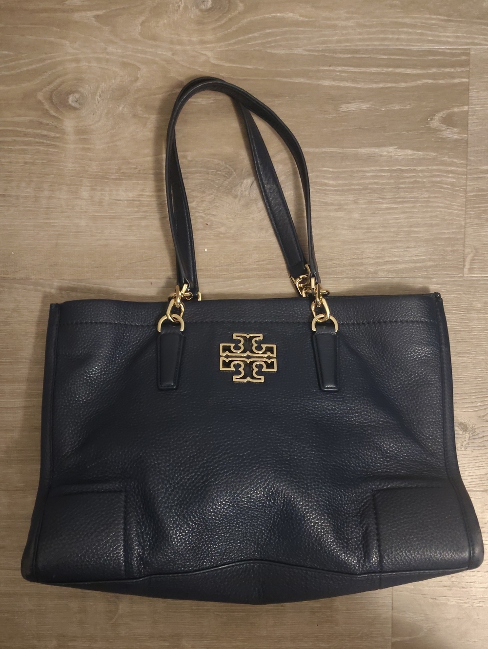 Tory Burch Britten Slouch Navy Pebbled Leather Double-Handle Tote with Gold Logo